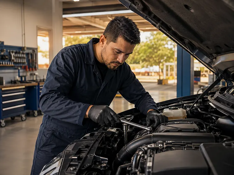 Mecánico trabajando en el motor de un auto en un taller ordenado.